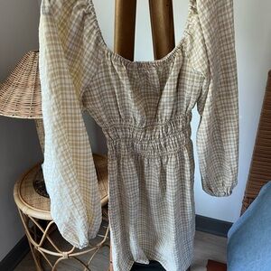 Cream Gingham Long Sleeve Dress